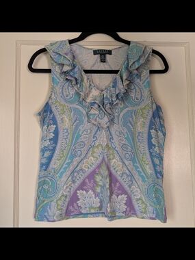 Polo Ralph Lauren Paisley V-neck Floral Sleeveless Ruffled Blouse Blue Small